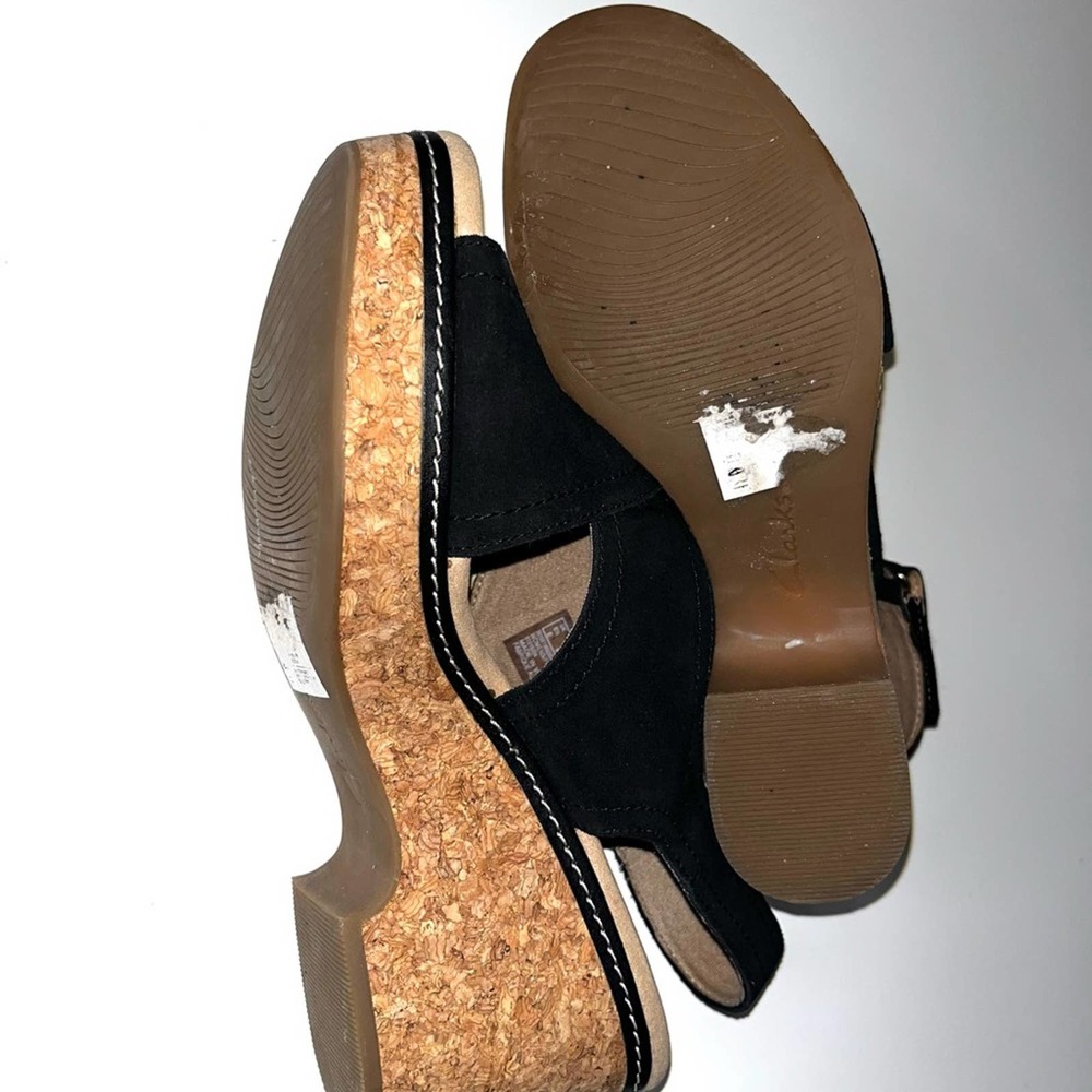 Clarks Black Suede Wedge Sandals Size 9 - Picture 7 of 12